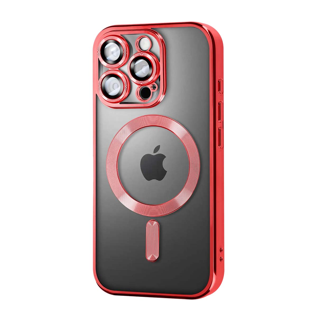 Rote Hülle für iPhone mit vier Linsen und magnetischem Kreis.