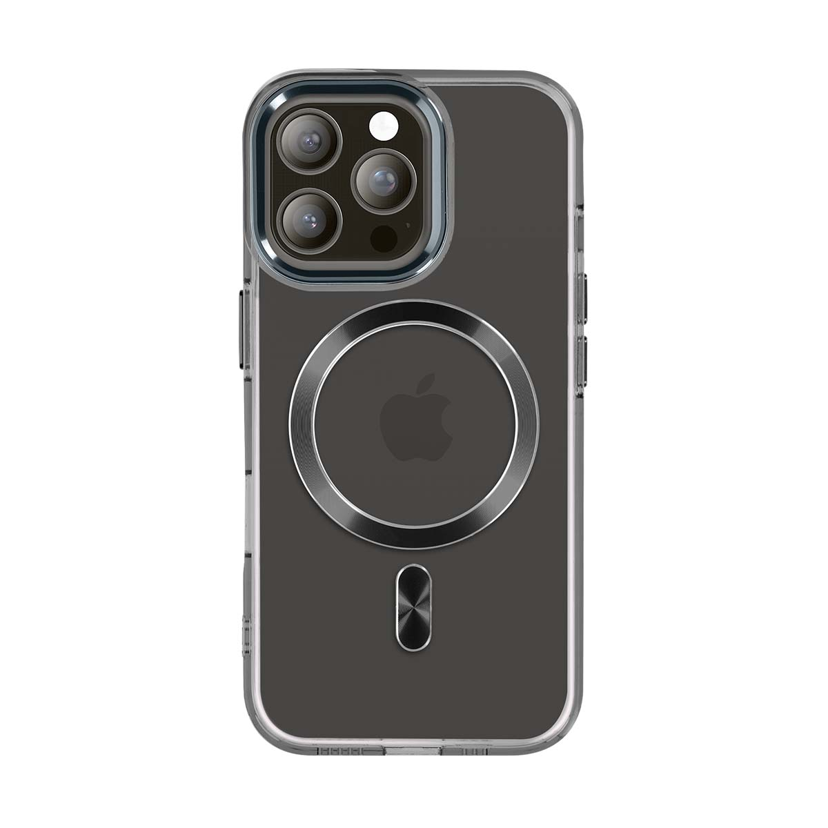 Funda transparente para iPhone con tres lentes de cámara, un anillo de carga circular y el logo de Apple.