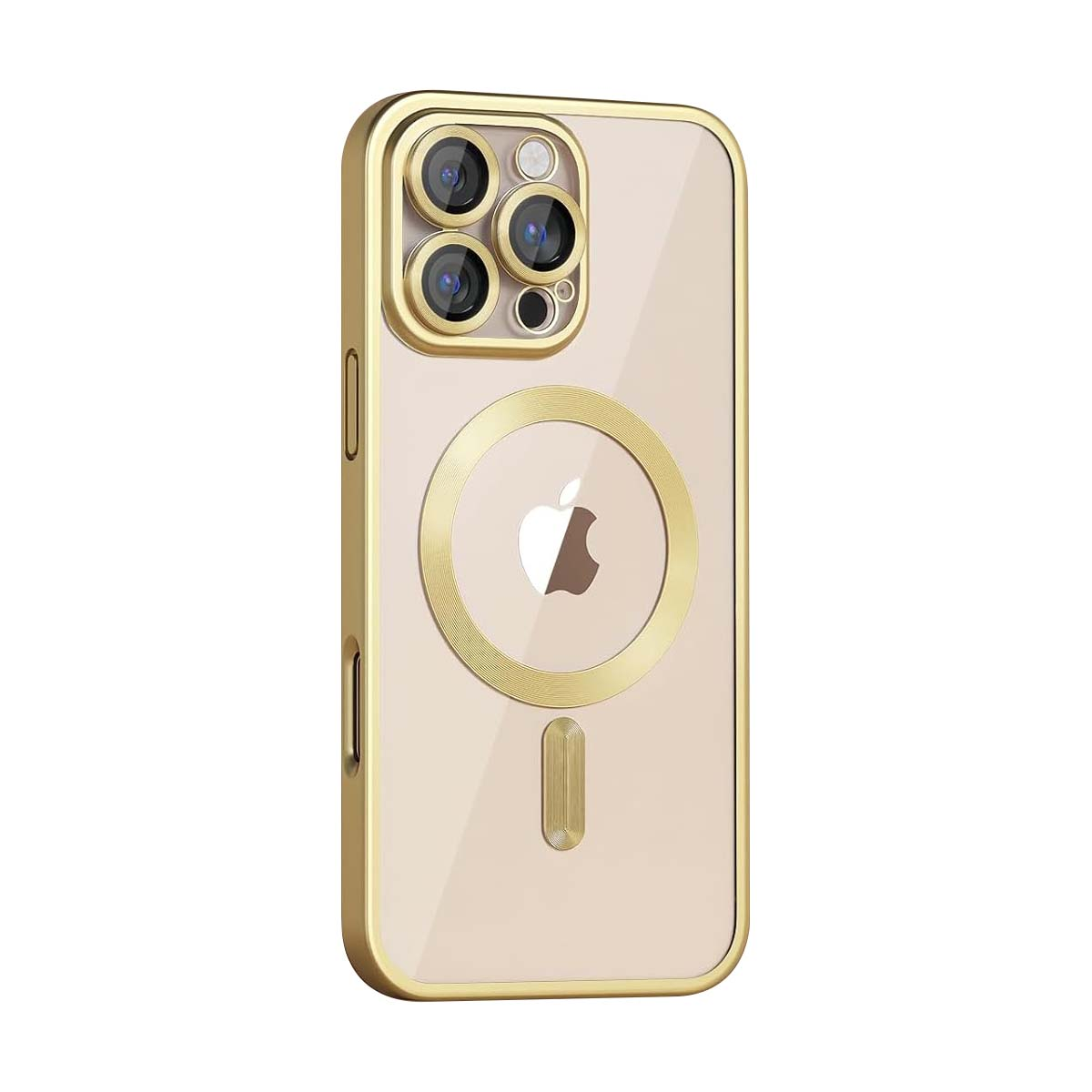 Funda dorada para teléfono con logo de Apple y tres lentes de cámara. Fondo blanco.