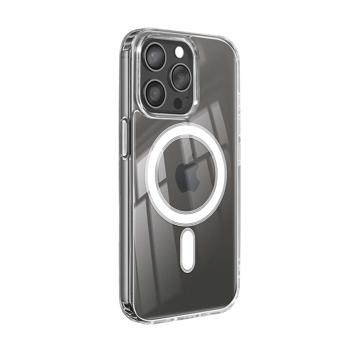 Funda transparente para móvil con lentes de cámara y anillo magnético.