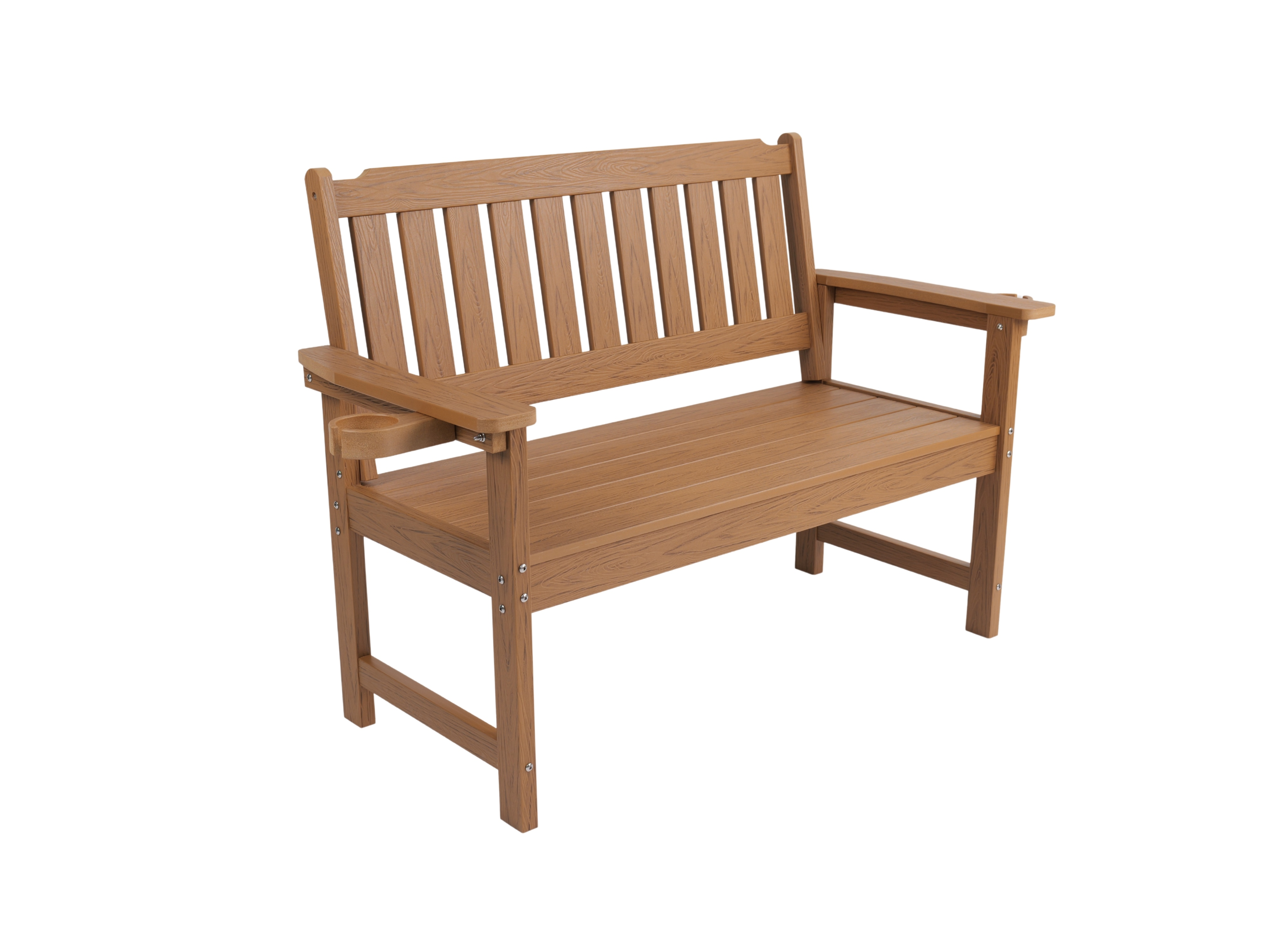Eine braune Holzbank mit Lattenrücken und Armlehnen, ein Becherhalter ist angebracht.