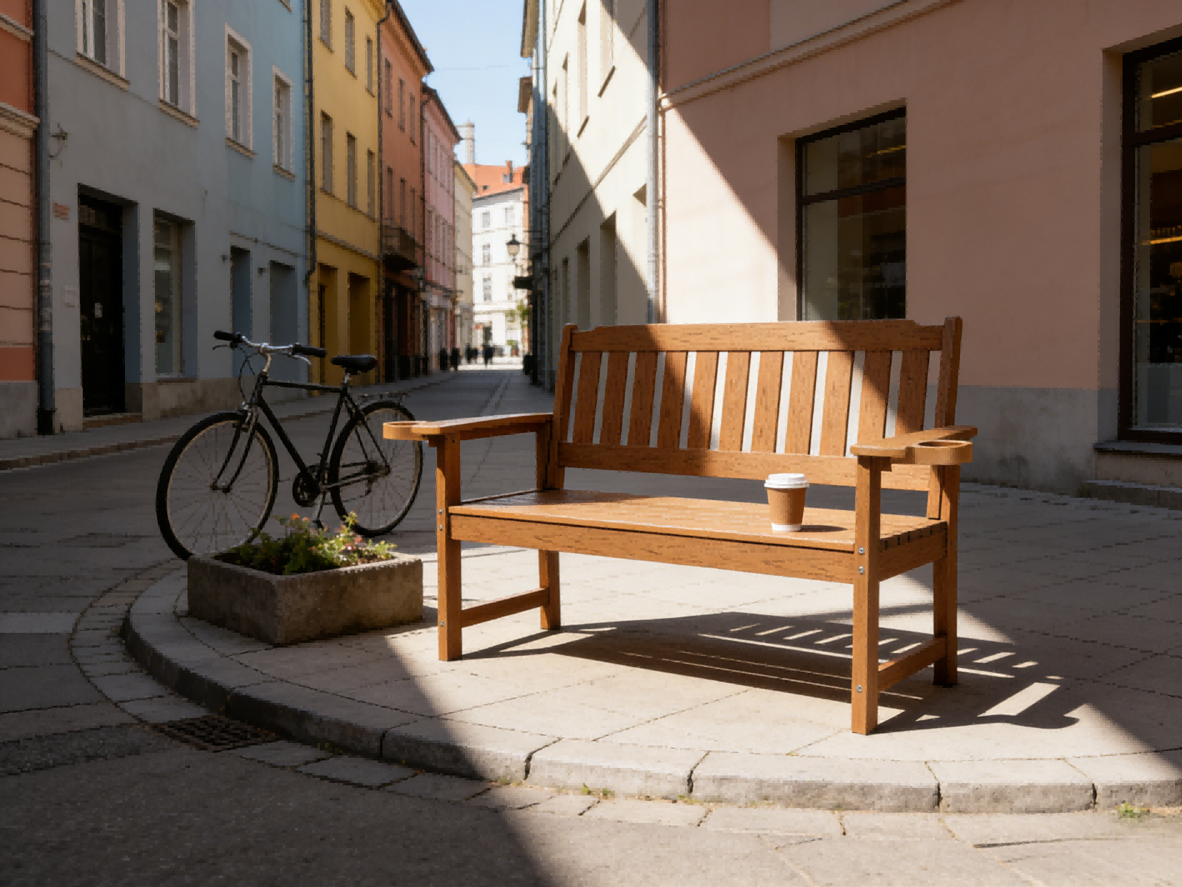 Eine Holzbank steht auf einem Gehweg, daneben ein Fahrrad und ein Kaffeebecher.