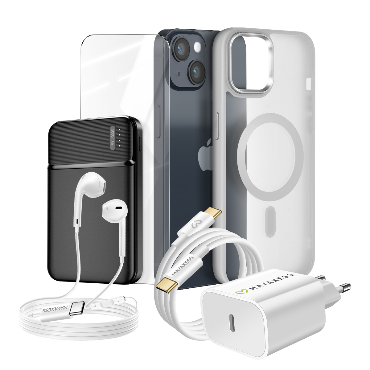 Ein Smartphone, Kopfhörer, Ladekabel, Netzteil und Schutzhülle.
