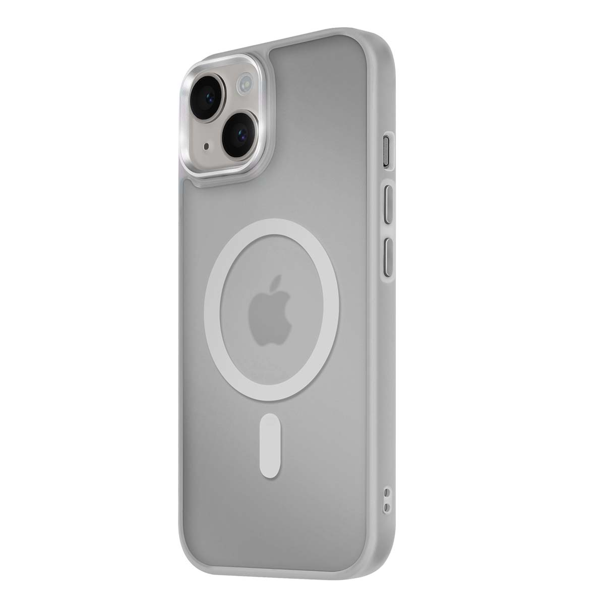 Graue Handyhülle mit Apple-Logo und MagSafe-Kreis.