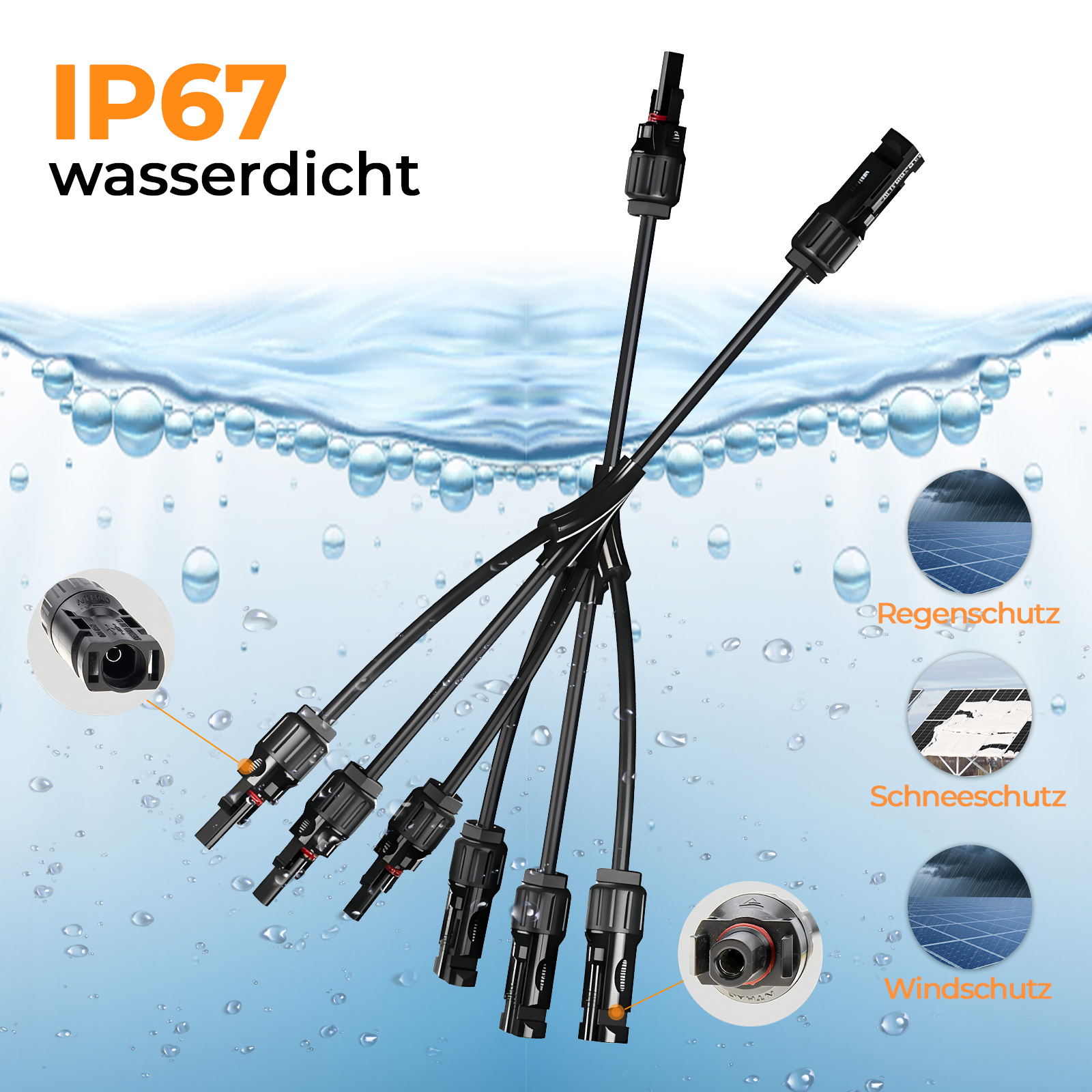 IP67 wasserdichte Solarkabelverbinder mit Regenschutz, Schneeschutz, Windschutz.