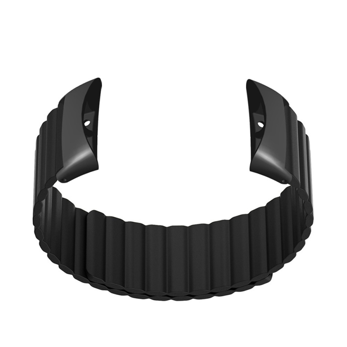 Schwarzes Metalluhrenarmband mit segmentiertem, flexiblem Design und Befestigungspunkten.