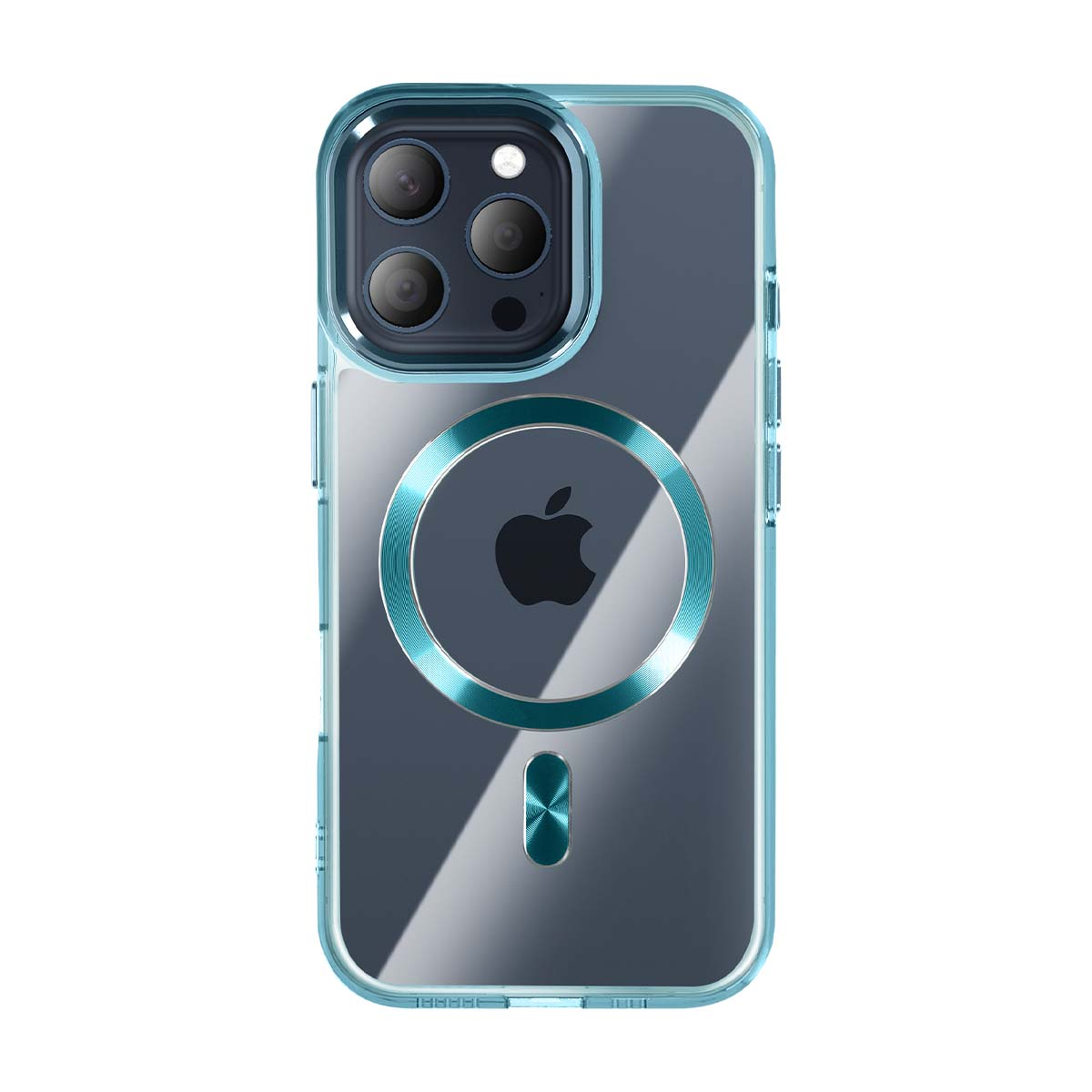 Ein durchsichtiges Handyhülle mit blauen Kanten und Apple-Logo.