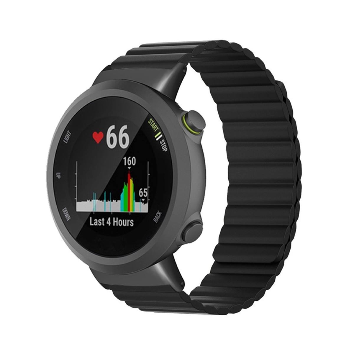 Graue Smartwatch mit schwarzem Armband, zeigt Herzfrequenz 66 und Diagramm.