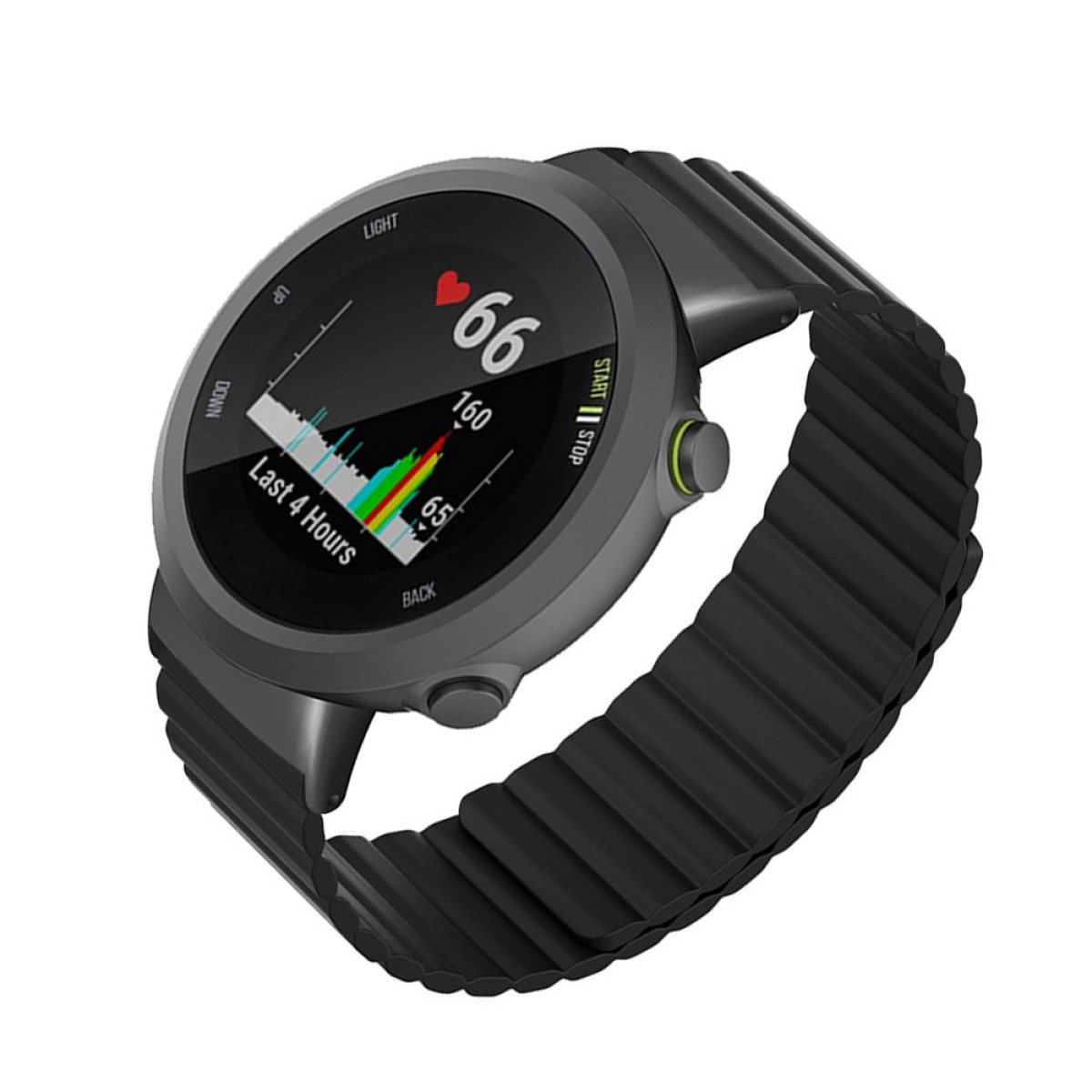Graue Smartwatch mit schwarzem Armband, zeigt Herzfrequenz und Aktivitätsdiagramm.