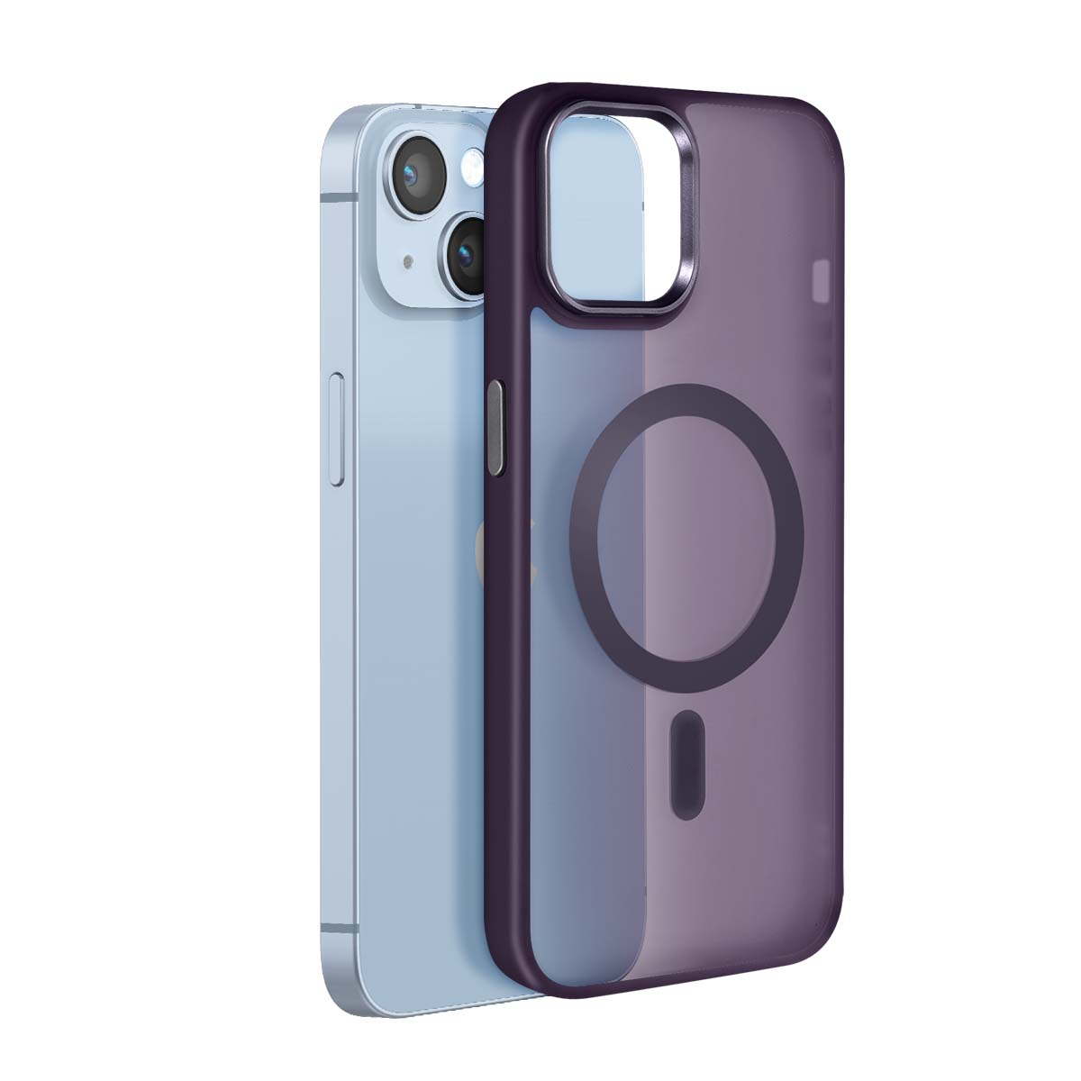 Un smartphone azul claro junto a una funda morada transparente con anillo magnético.