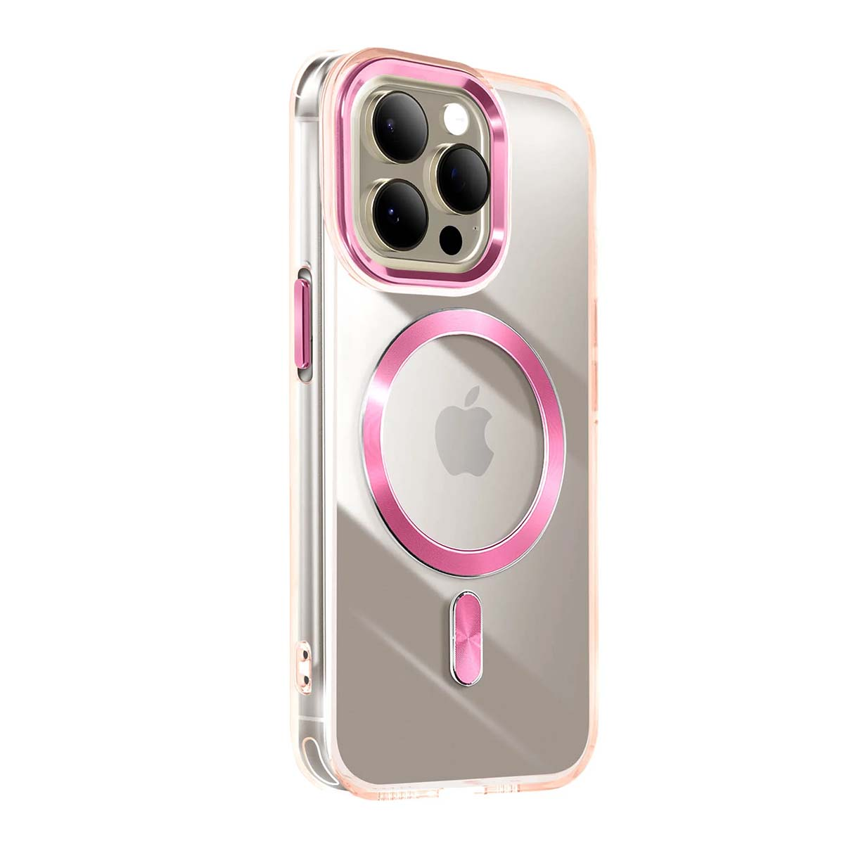 Funda transparente con detalles rosas para un iPhone, mostrando cámaras y logo Apple.