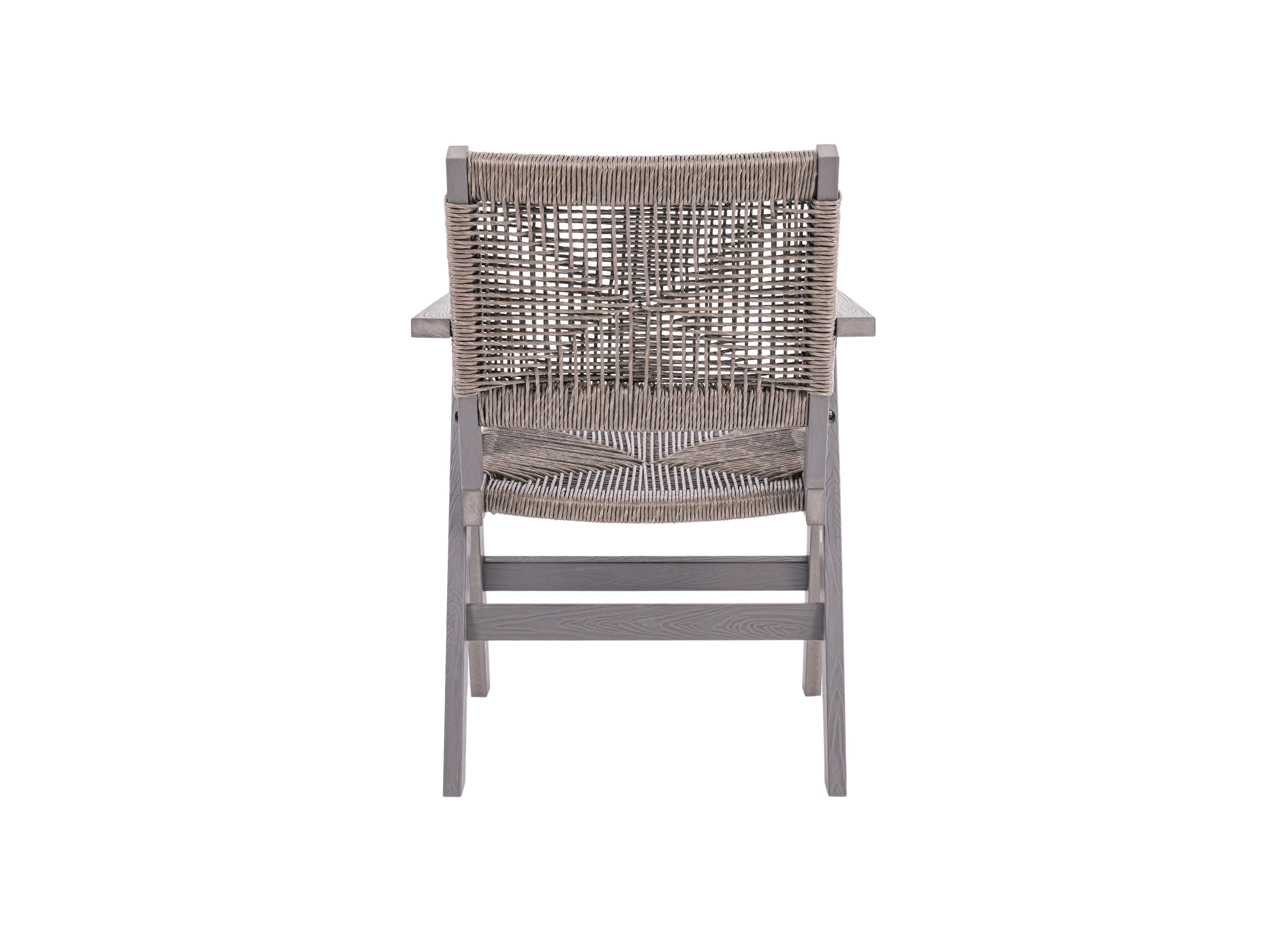Grauer Stuhl mit geflochtenem Sitz und Rückenlehne aus Rattan.