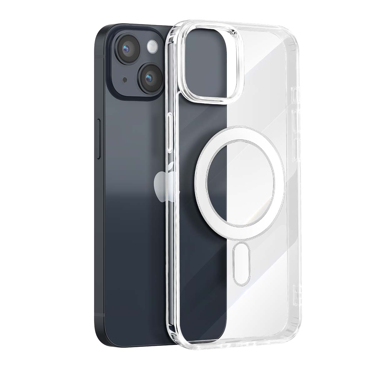 Un smartphone oscuro junto a una funda transparente con anillo magnético.