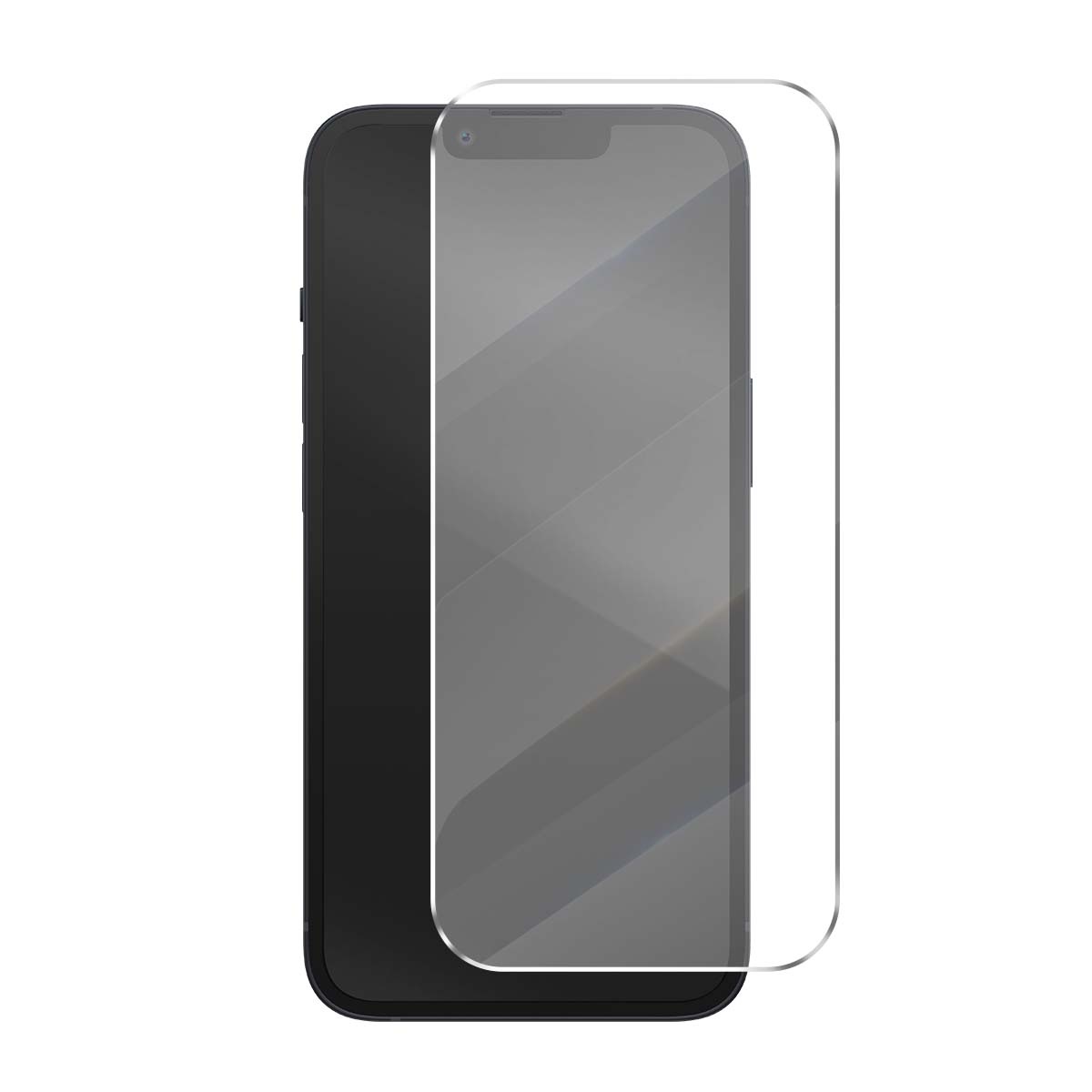 Un smartphone negro con un protector de pantalla transparente parcialmente colocado encima.