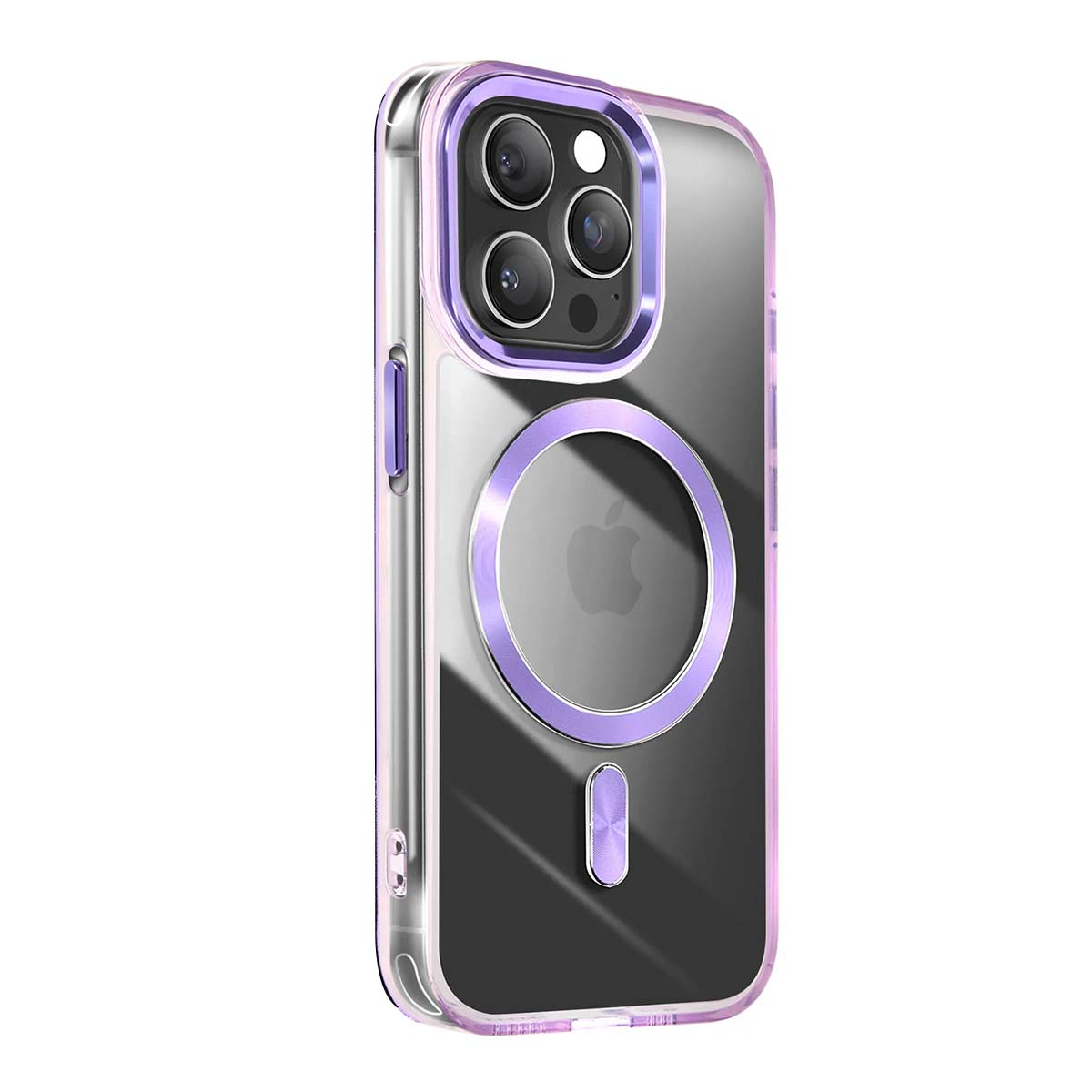Funda morada para iPhone con trasera transparente y recorte de cámara.