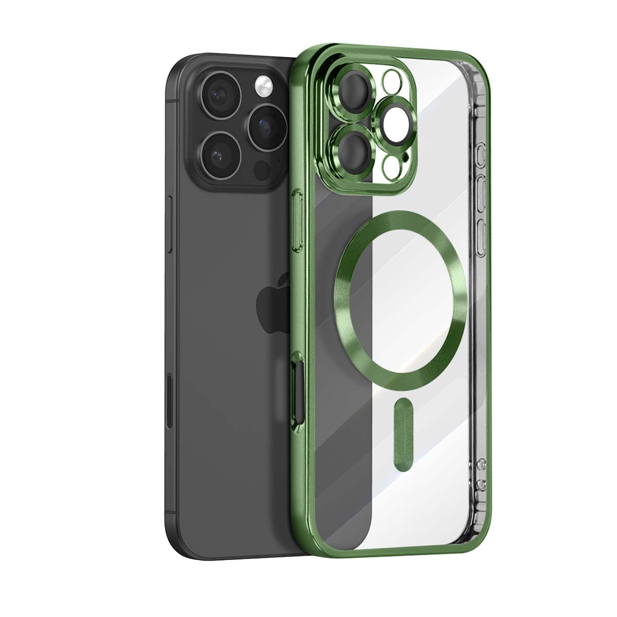 Un iPhone oscuro con una funda transparente con borde verde que muestra un anillo magnético.