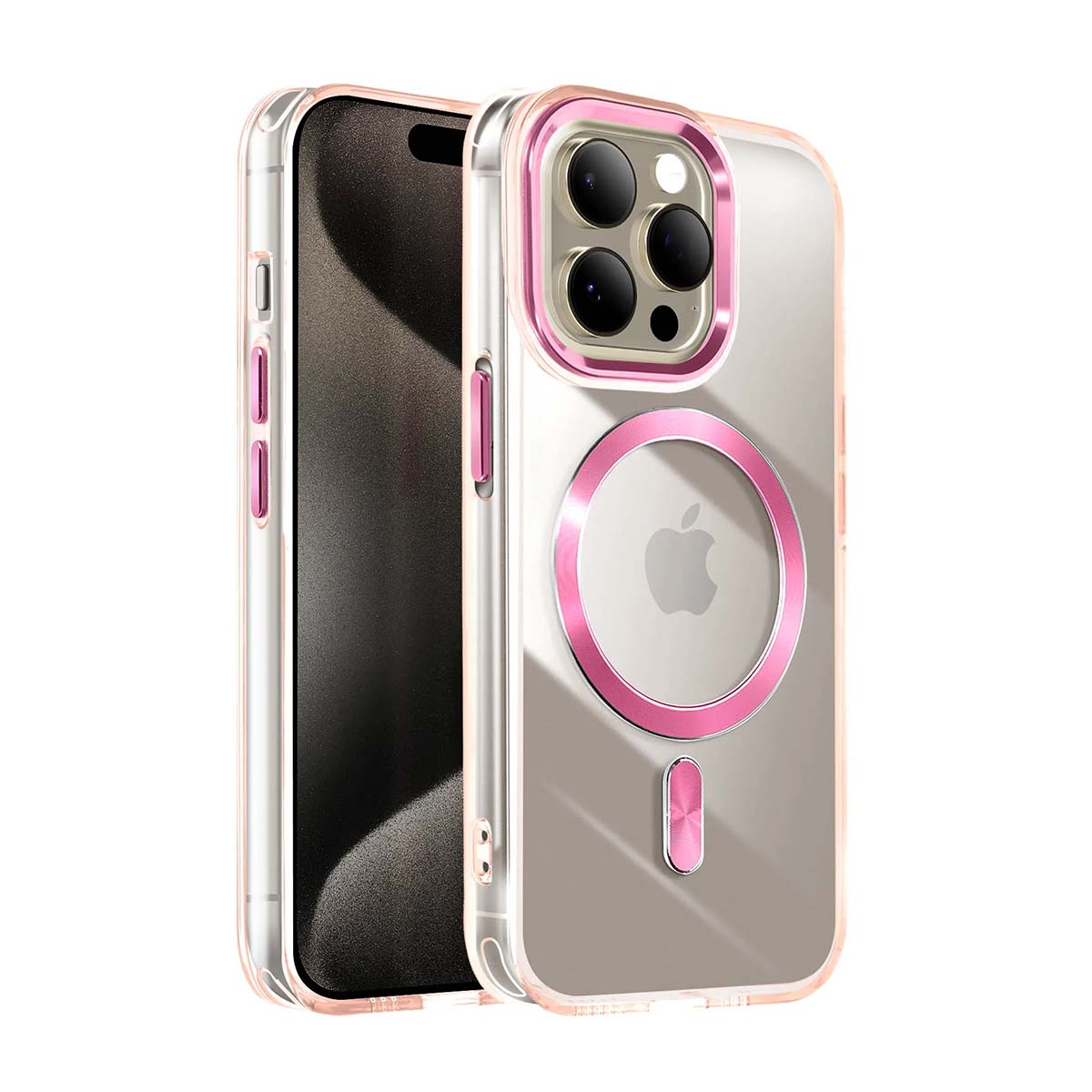 Funda transparente para teléfono con borde rosa y anillo MagSafe.