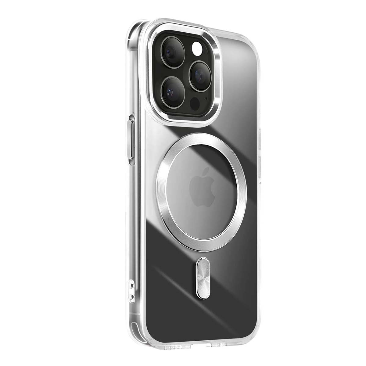 Funda transparente para teléfono con bisel de cámara plateado y logo de Apple.