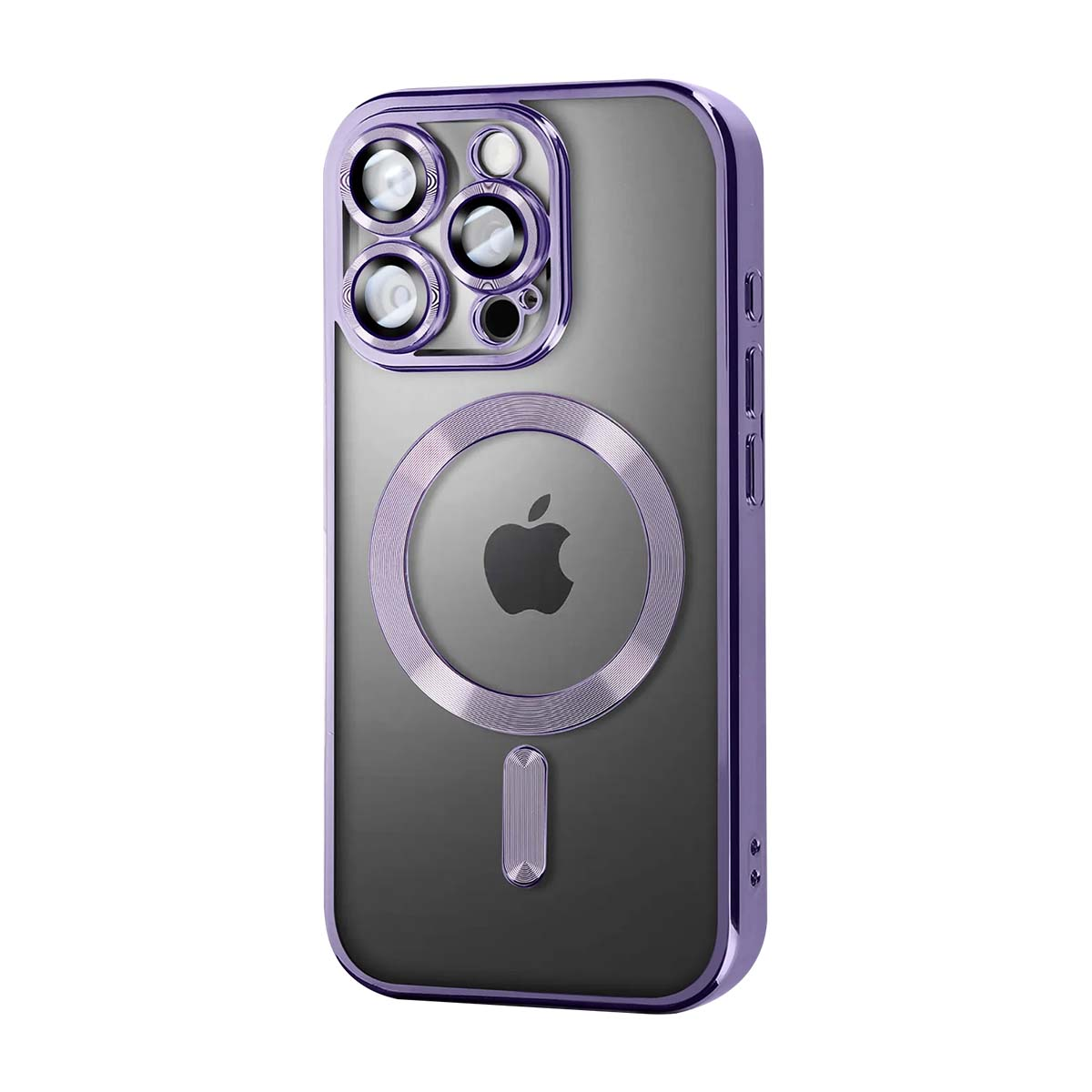 Lila iPhone-Hülle mit transparentem Rücken und Apple-Logo.