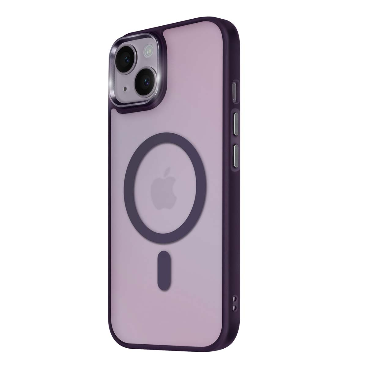 Una funda morada transparente para iPhone con anillo MagSafe y logo Apple.