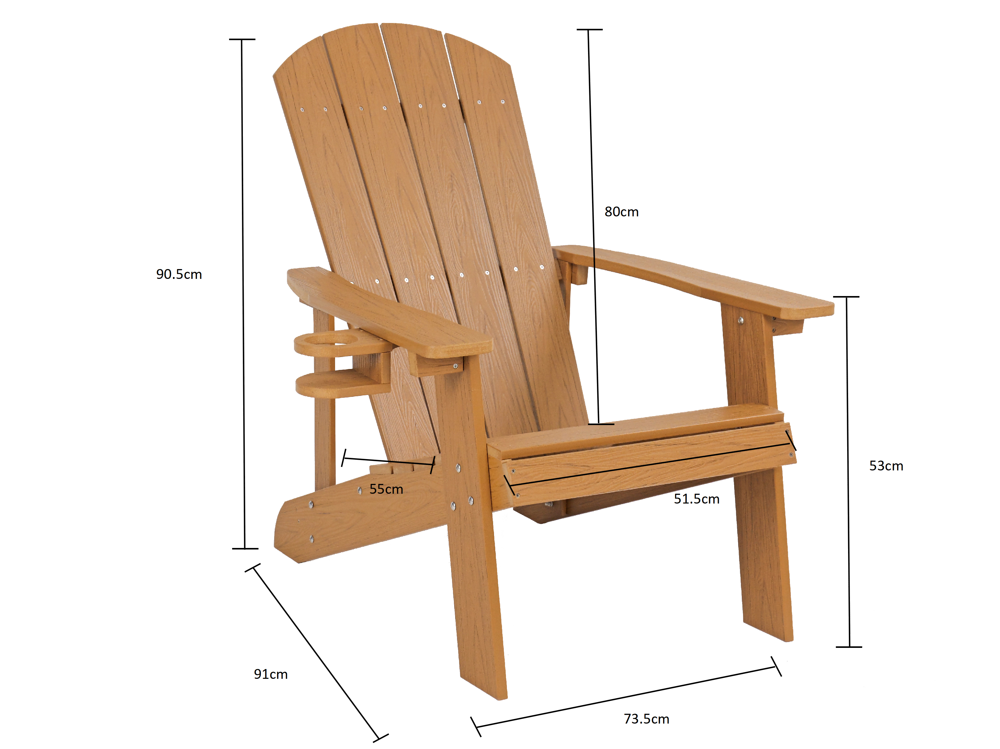 Brauner Adirondack-Stuhl aus Holz mit Maßangaben.