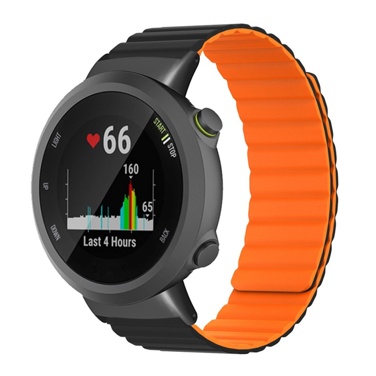Graue Smartwatch mit orangefarbenem Armband, zeigt Herzfrequenz- und Aktivitätsdaten an.