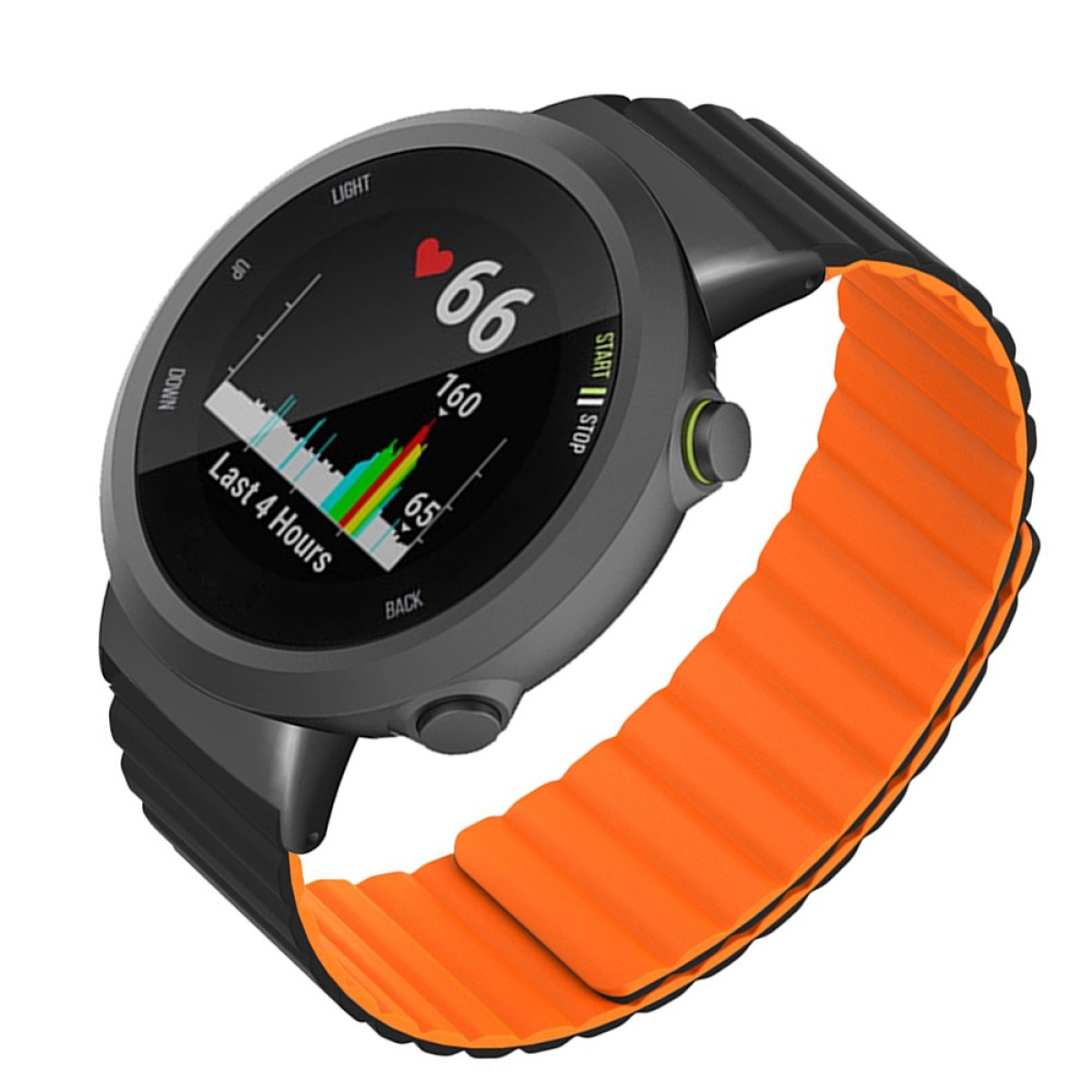 Graue Smartwatch mit orangem Armband, zeigt Herzfrequenz und Liniendiagramm.
