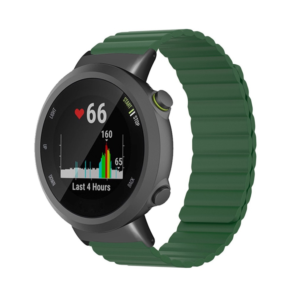 Graue Smartwatch mit grünem Band, zeigt Herzfrequenz und Diagramm.