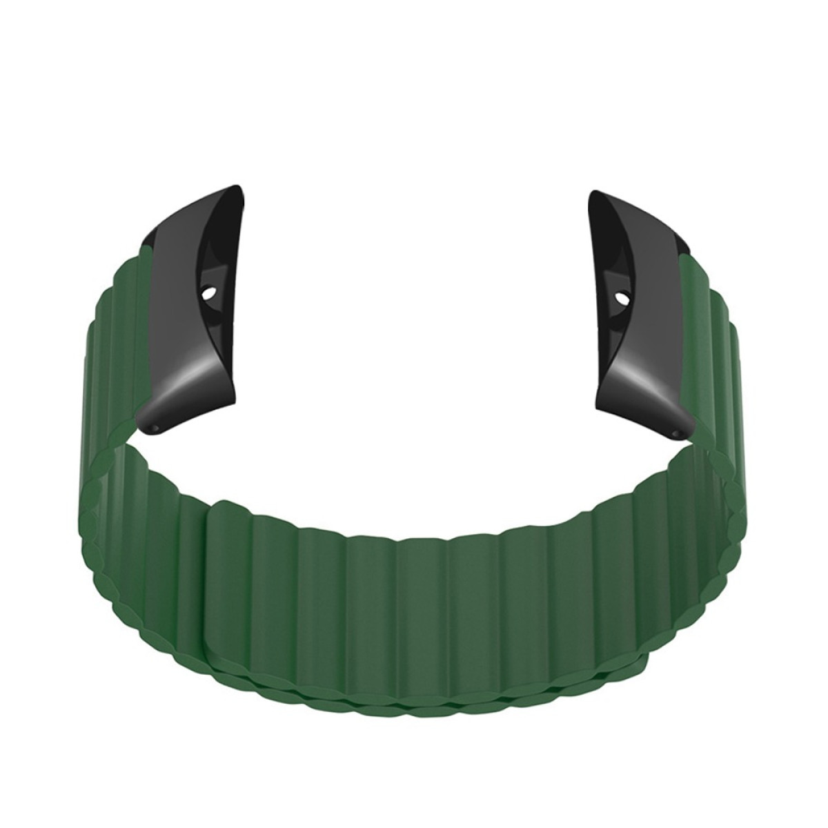 Ein grünes, geripptes Uhrenarmband mit schwarzen Verbindern ist vor weißem Hintergrund zu sehen.