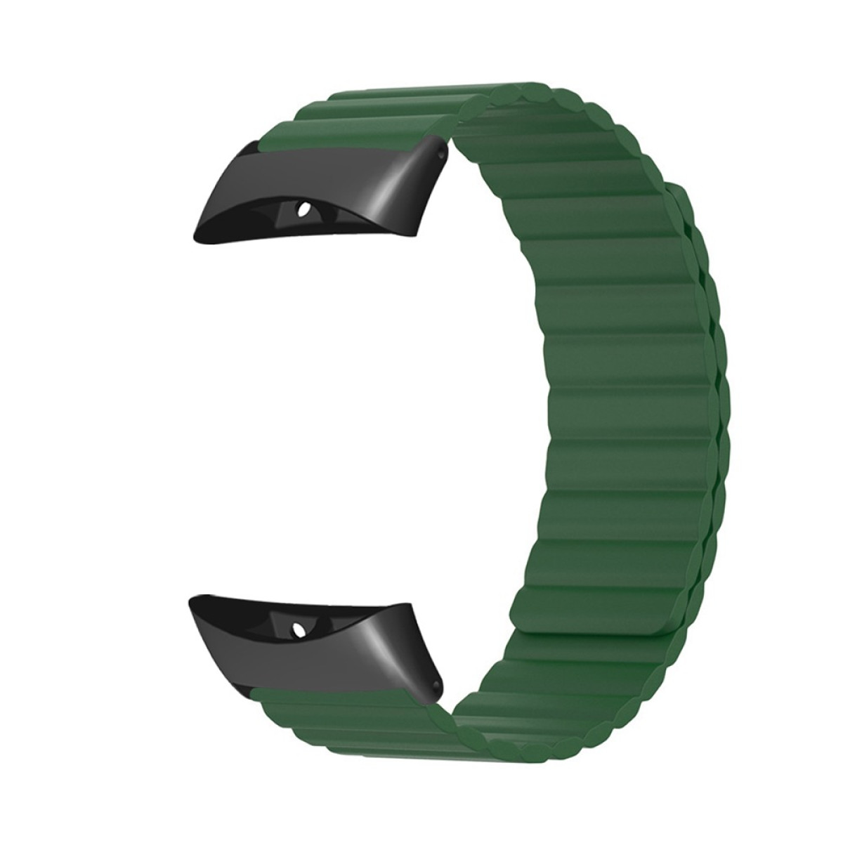 Dunkelgrünes, geripptes Uhrenarmband mit schwarzen Anschlüssen. Magnetisch.