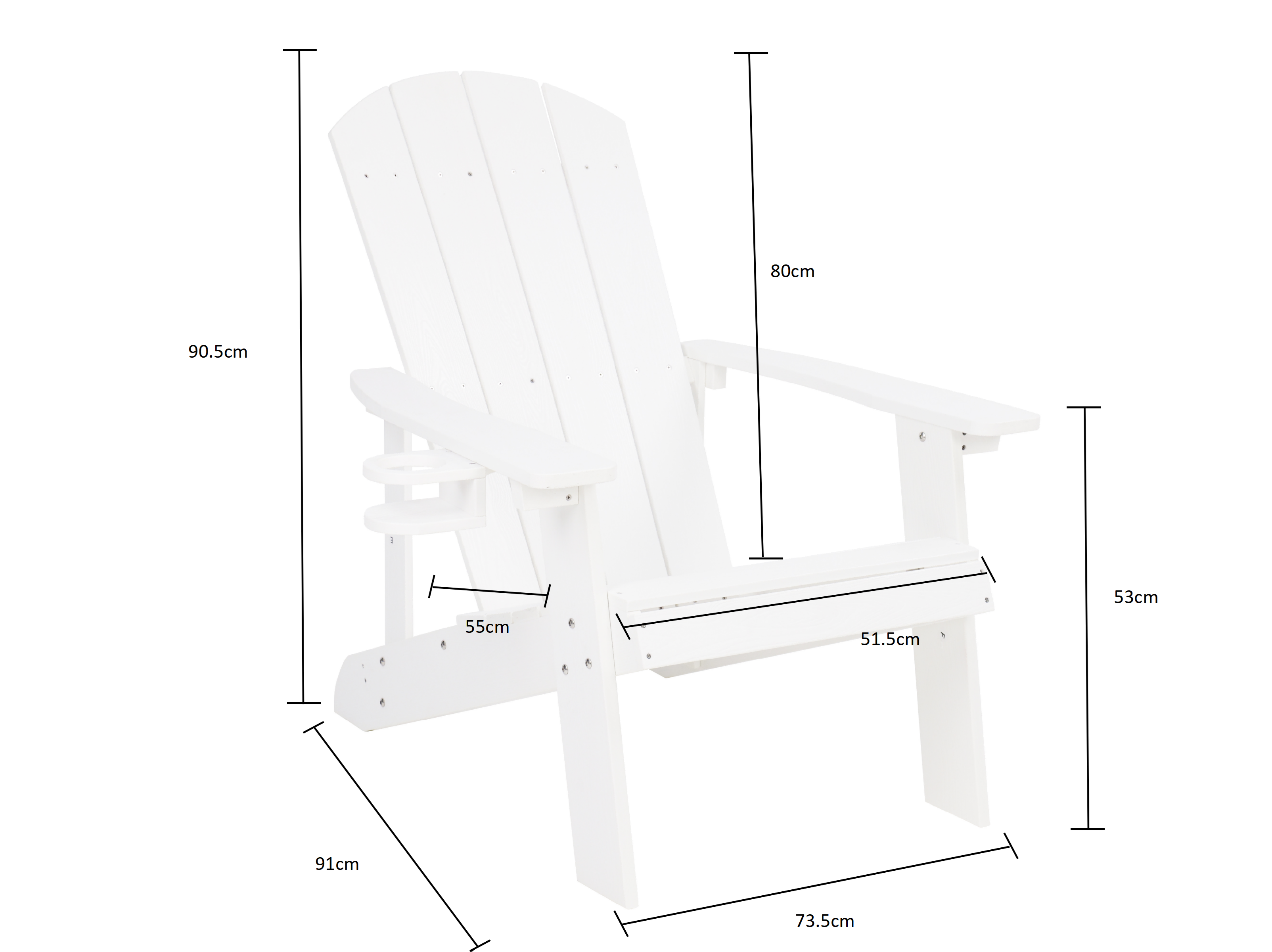 Wei1er Adirondack-Stuhl mit Ma1angaben zu H14he, Breite und Tiefe.