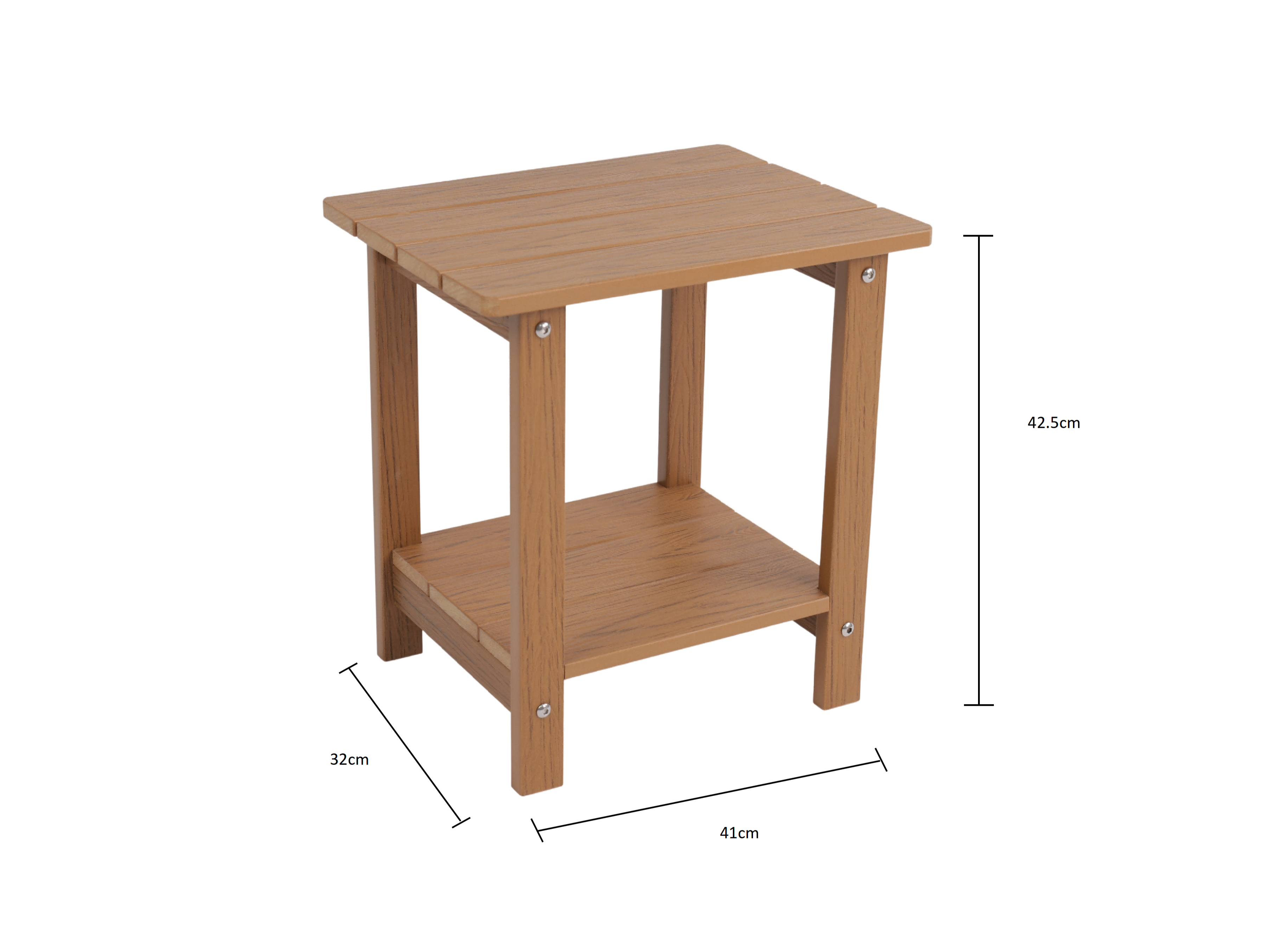 Ein brauner Beistelltisch aus Holzlamellen mit zwei Ebenen und Maßen.