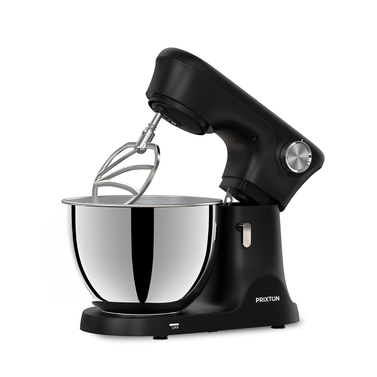 Robot pâtissier noir avec bol inox et fouet, sur fond blanc.