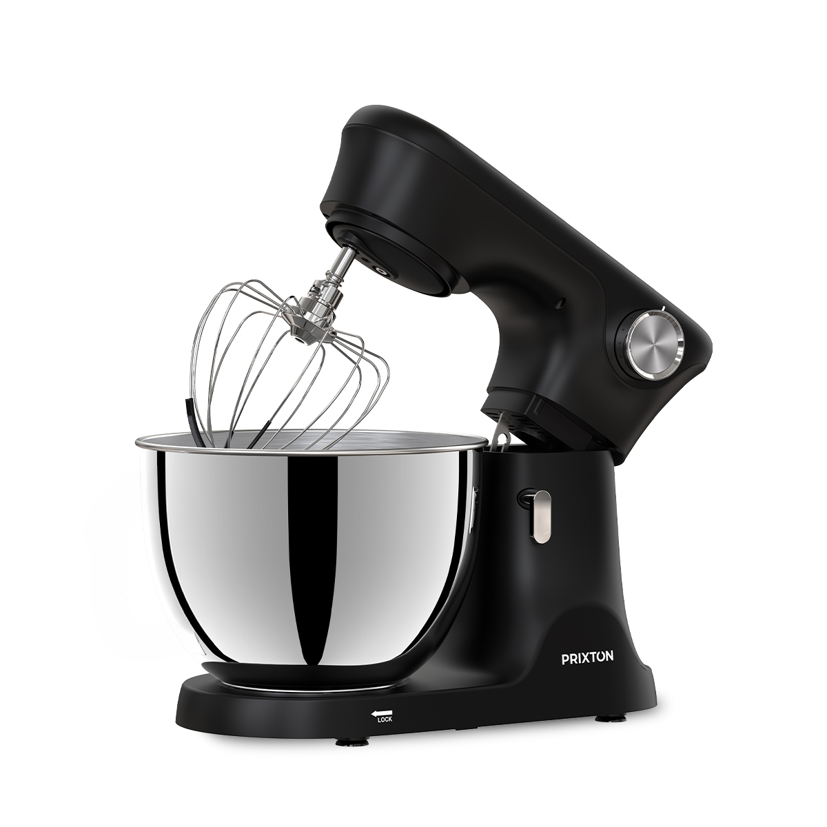 Un robot pâtissier noir avec bol en inox et fouet, sur fond blanc.