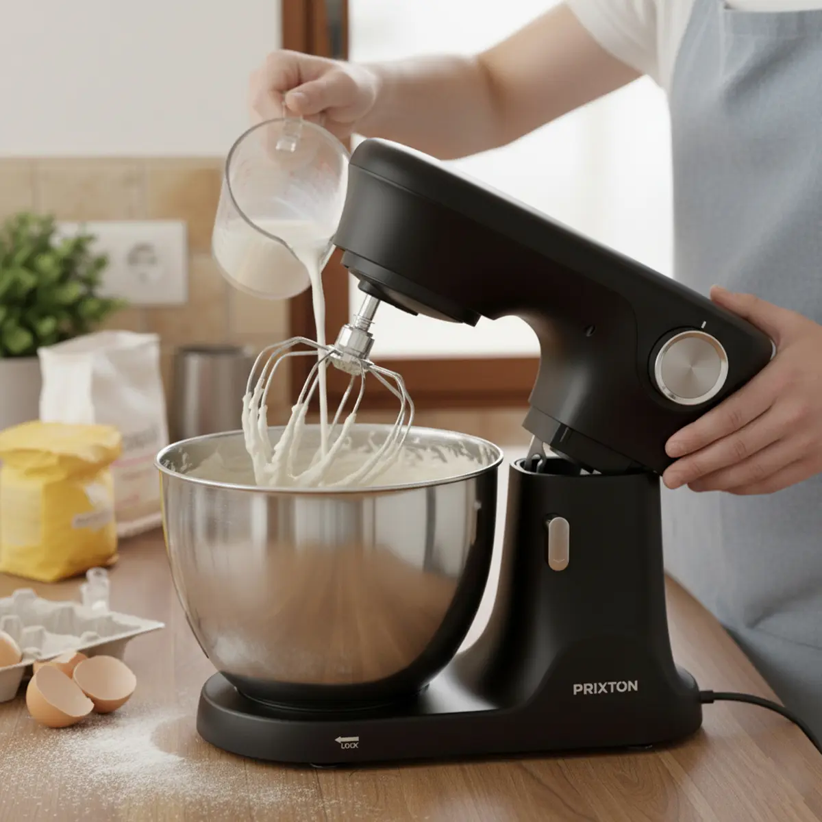 Une personne verse du liquide dans un robot pâtissier qui mélange de la pâte.