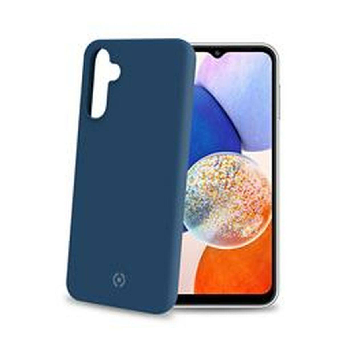 Custodia blu scuro davanti a uno smartphone con sfondo colorato.