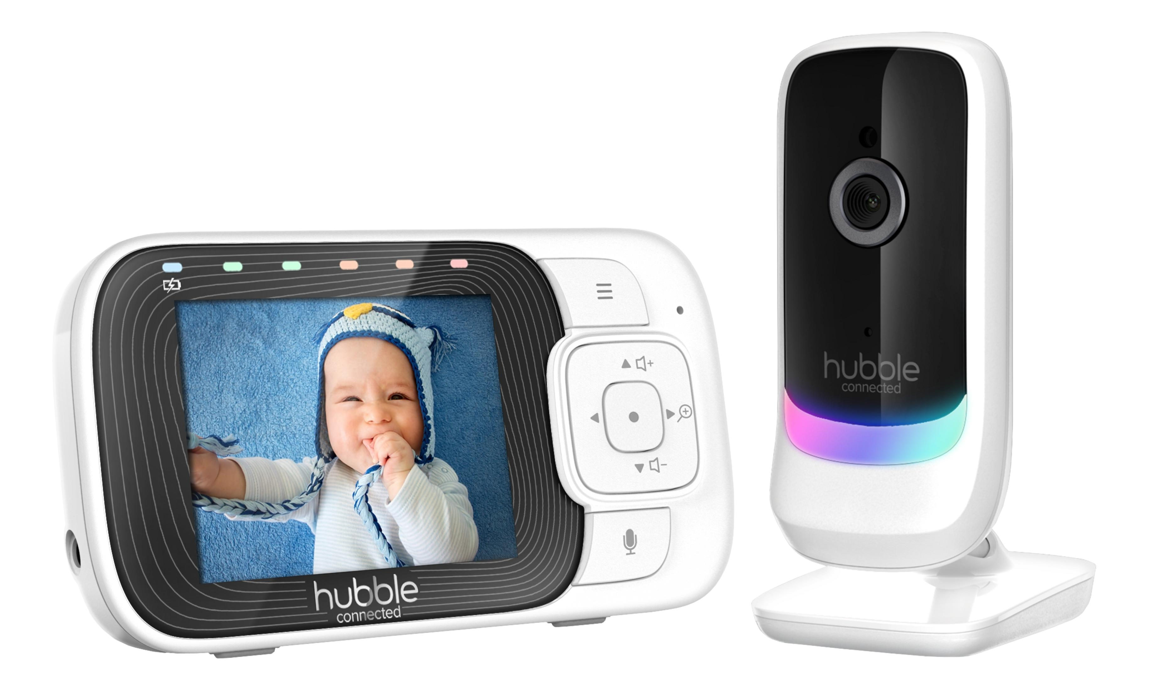 Ein Babyphone mit Monitor, der ein Baby zeigt, und einer Kamera mit LEDs.