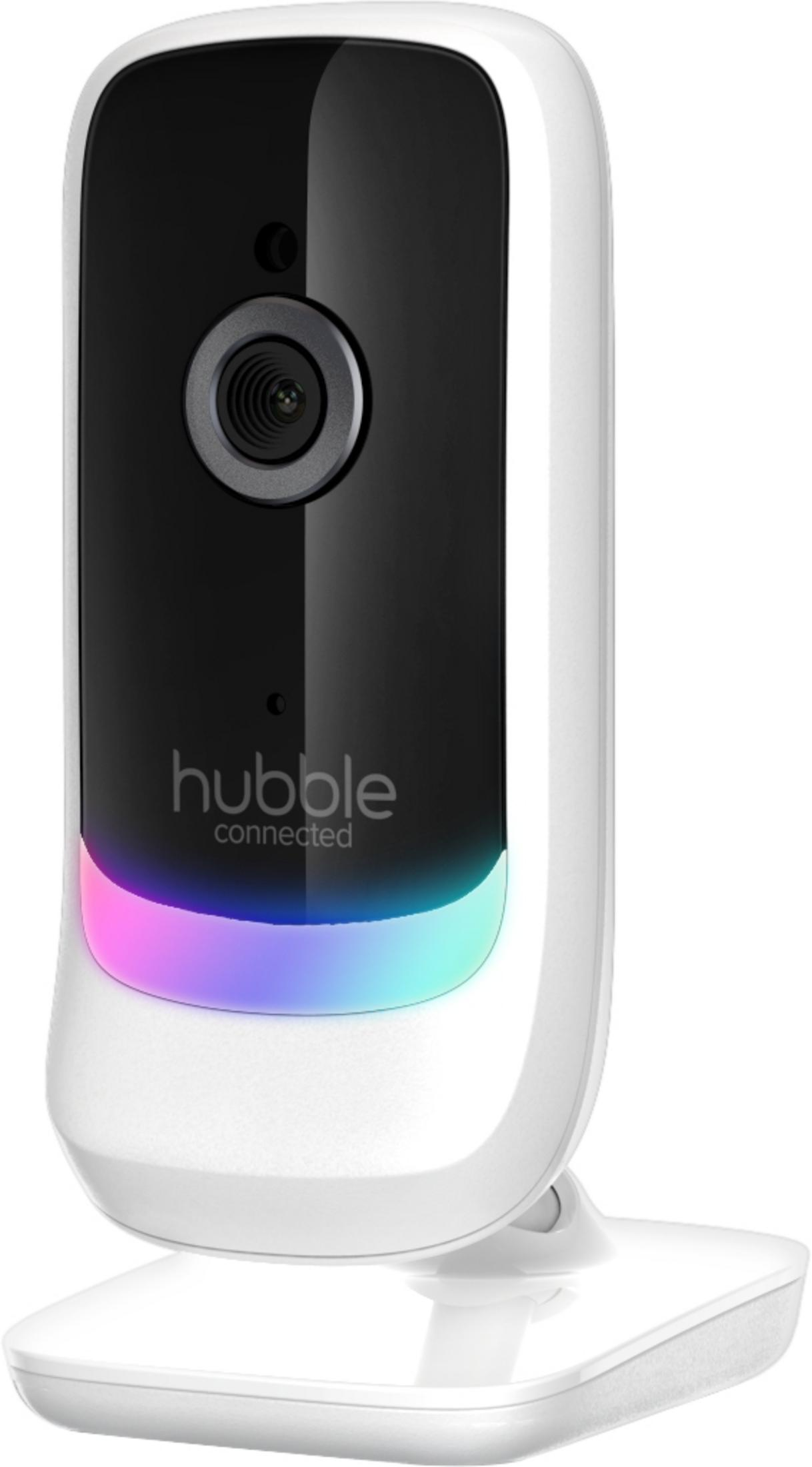 Weiße Babymonitor-Kamera mit schwarzem Frontdisplay und Farb-LED-Beleuchtung.