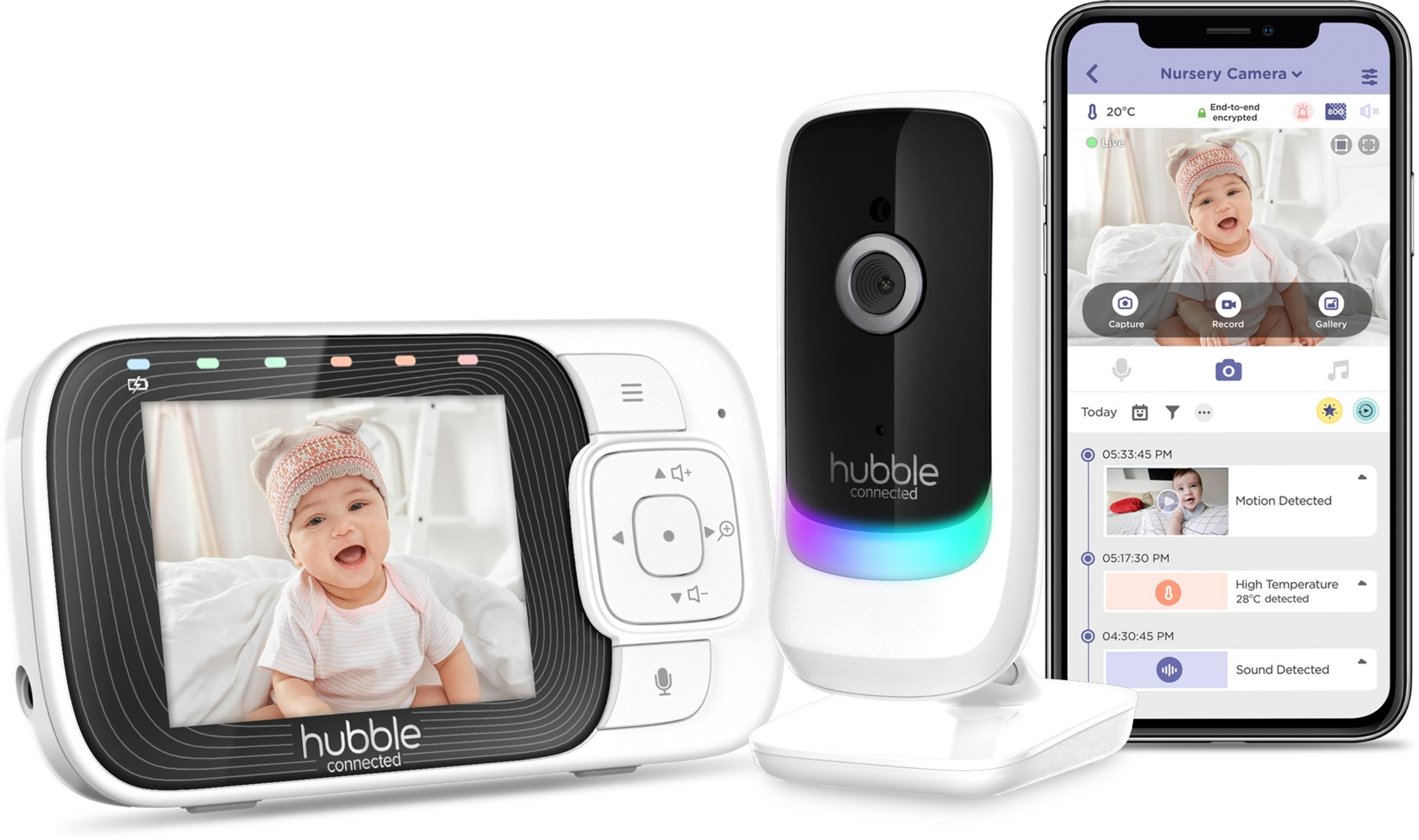 Babyfon-Set mit Monitor, Kamera und App-Ansicht. Ein Baby lächelt auf dem Bildschirm.