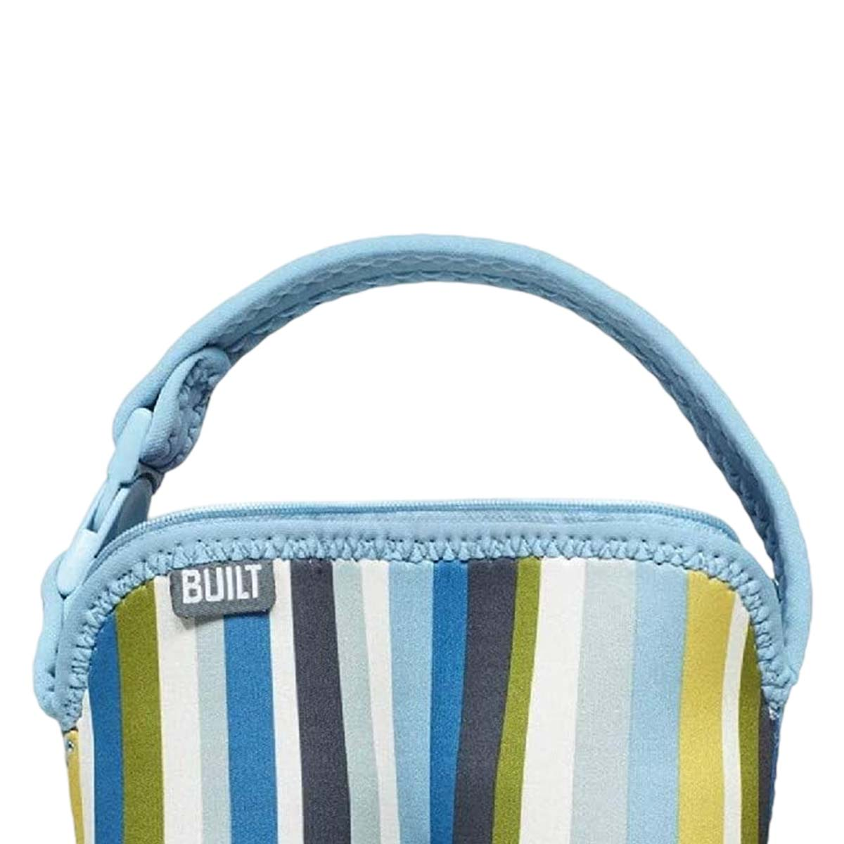 Blauer Henkel über gestreifter Tasche mit der Aufschrift 'BUILT'.