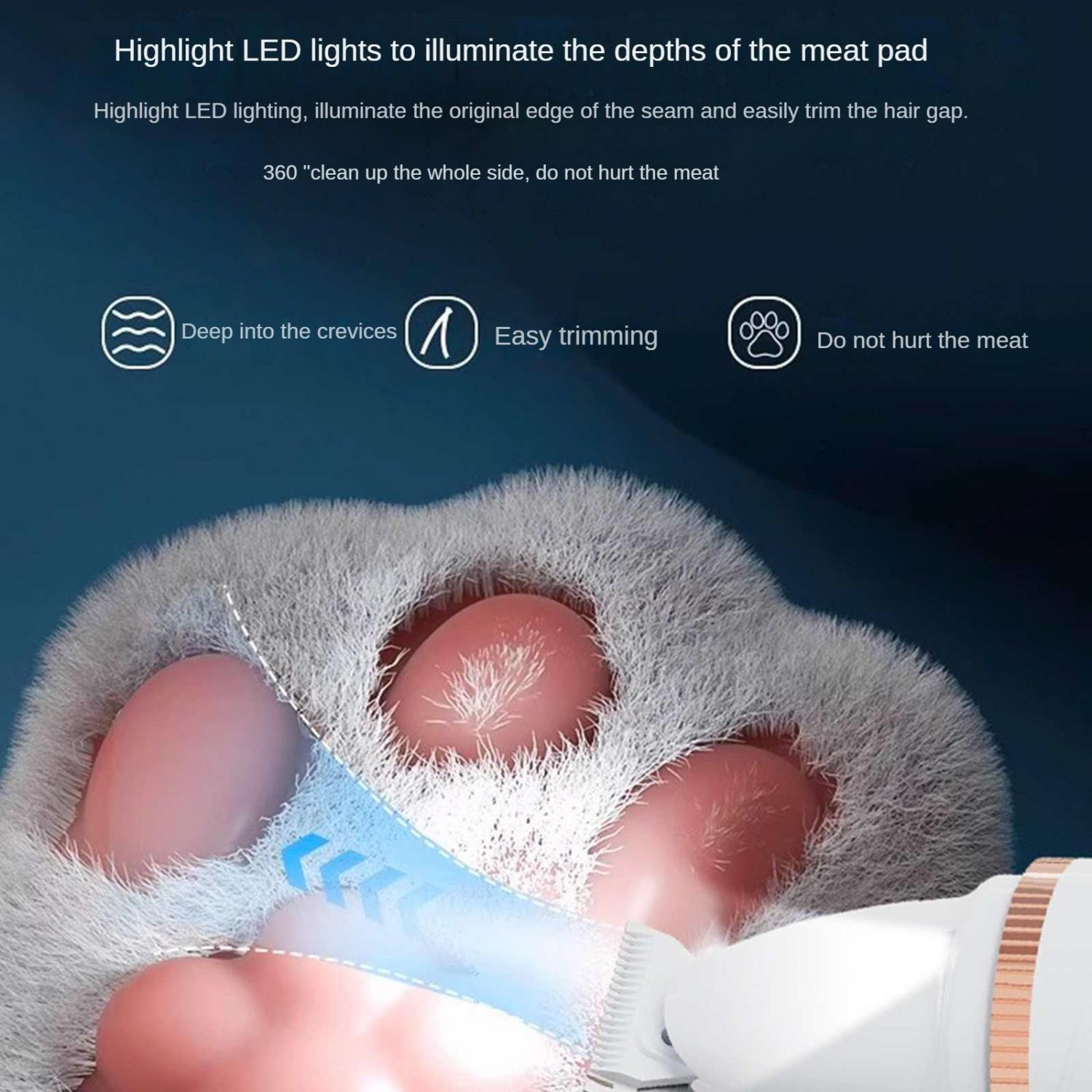 LED-Licht beleuchtet Pfotenpolster für präzises Trimmen, ohne zu verletzen.