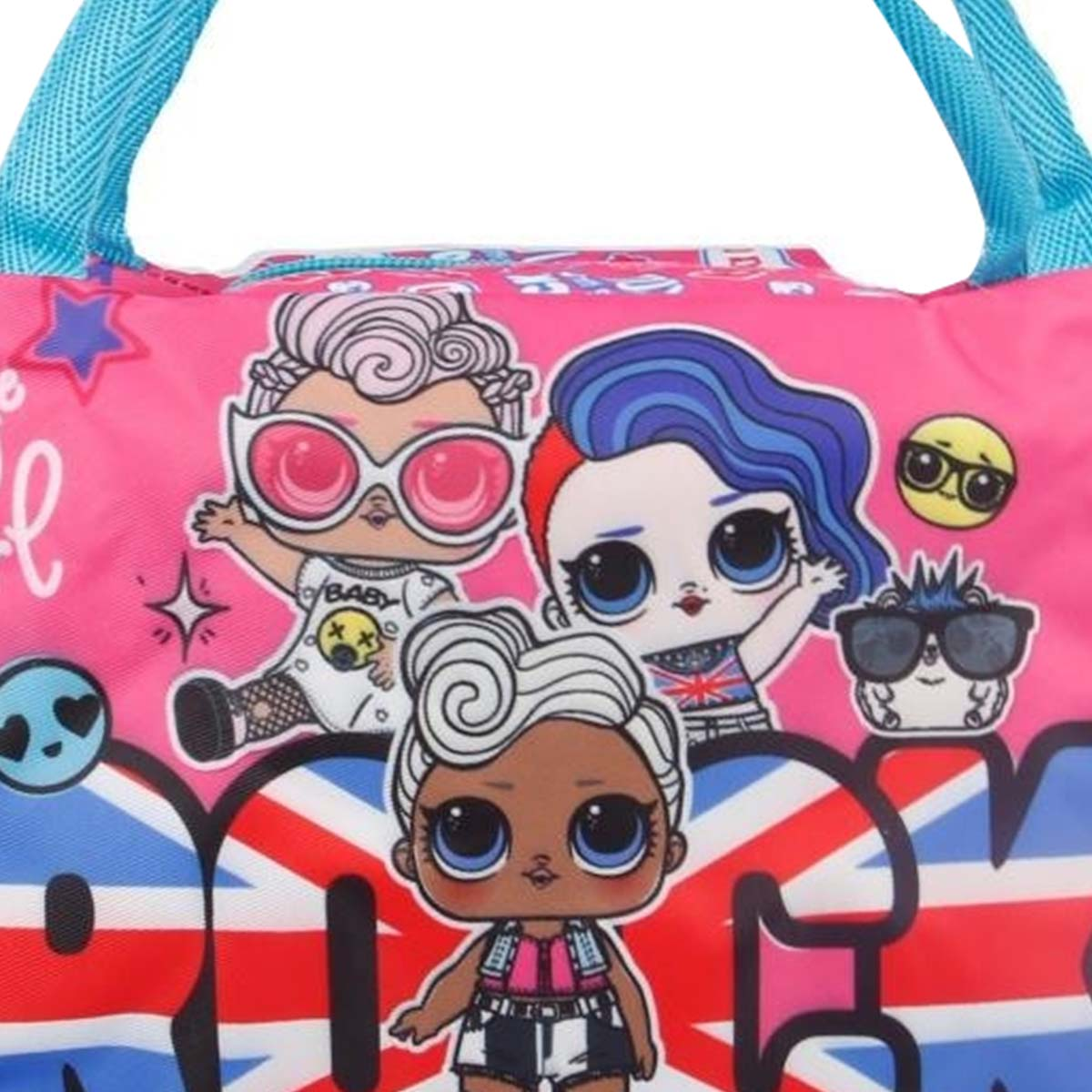 Pinke Tasche mit LOL-Puppen-Aufdruck, Union Jack und Sternen.