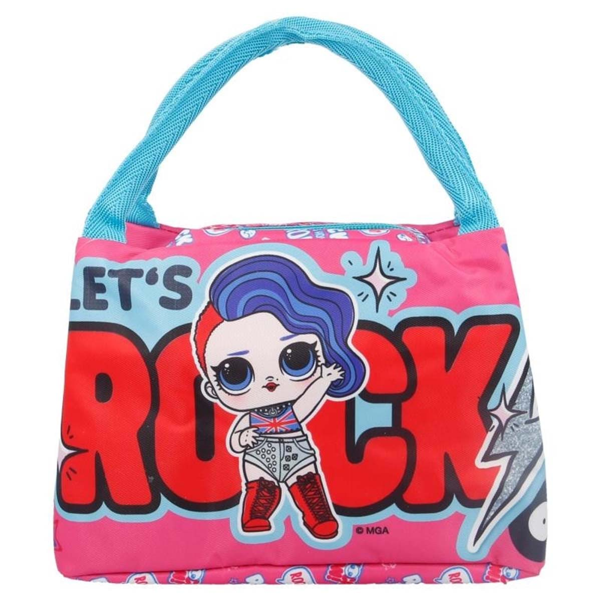 Eine rosa Tasche mit blauem Griff, die eine Puppe mit blau-roten Haaren zeigt.