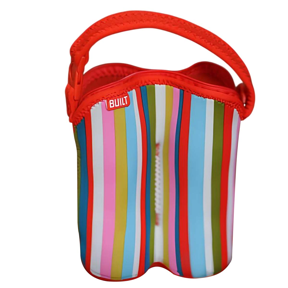 Eine bunte gestreifte Tasche mit rotem Griff.