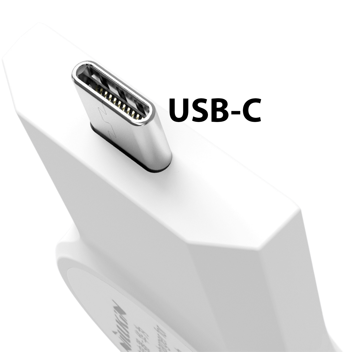 Primo piano di una porta USB-C bianca con bordo argentato e testo "USB-C".