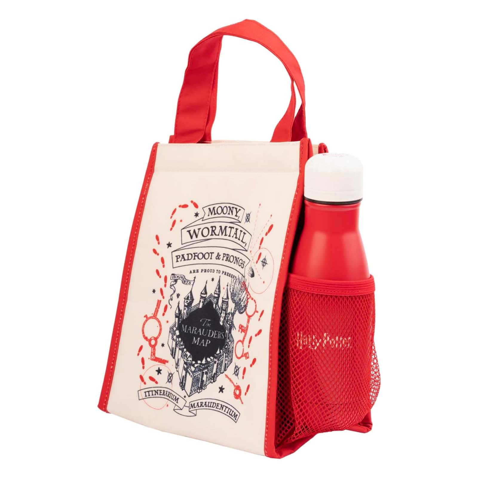 Eine beige Tasche mit rotem Rand und Henkeln, mit Marauder's Map Motiv und roter Wasserflasche.