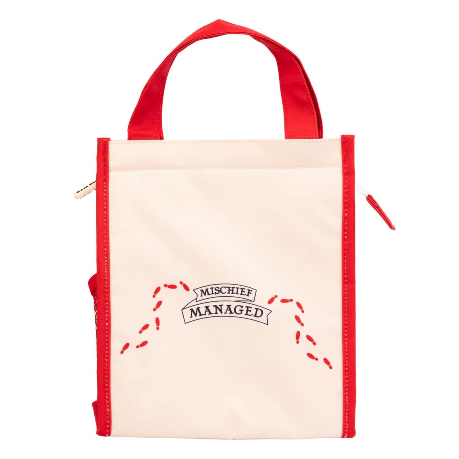 Beige Tasche mit roten Griffen und rotem Rand. Darauf rote Fußspuren und "Mischief Managed".