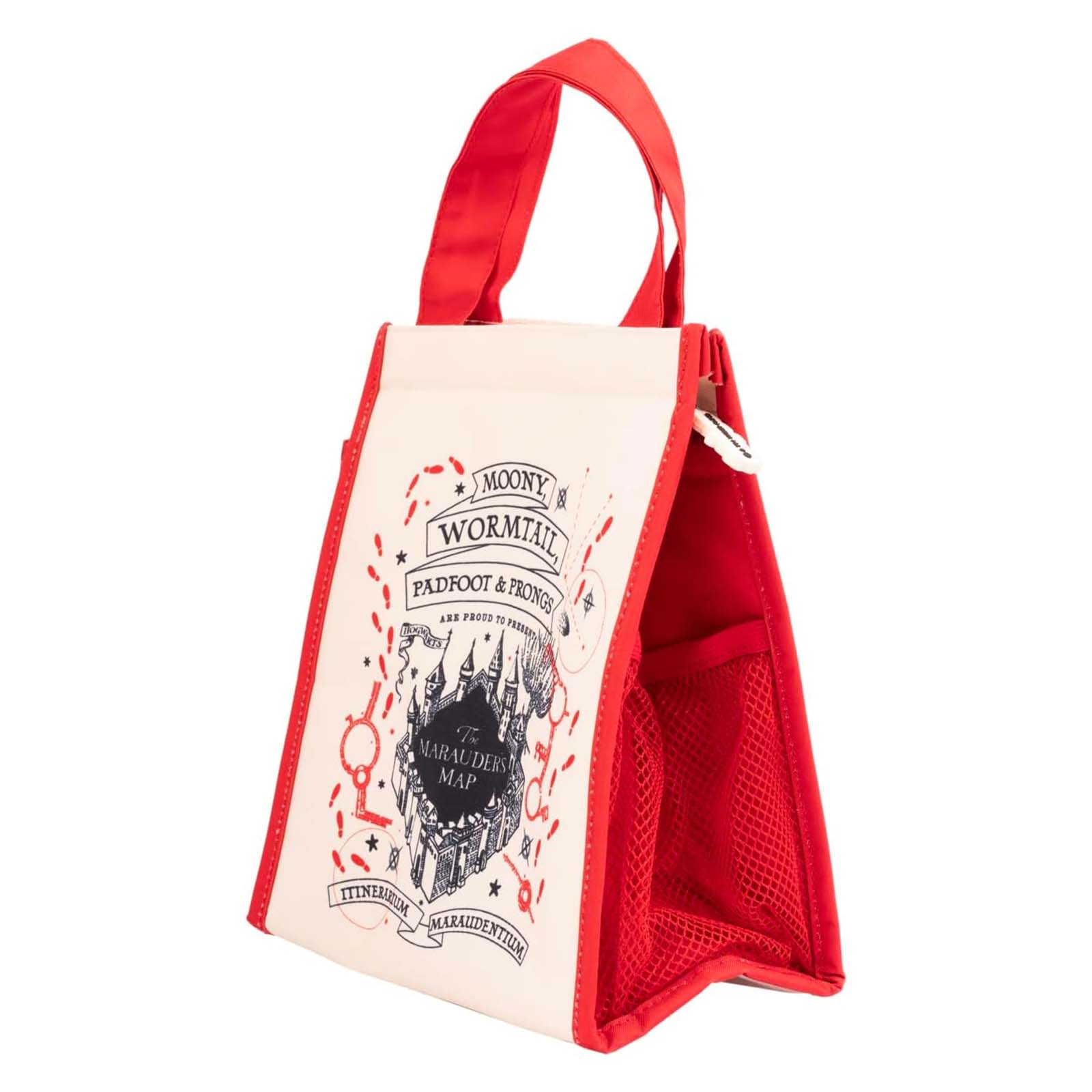 Eine cremefarbene Tasche mit roten Henkeln und Seitentaschen. Sie zeigt eine Karte von Hogwarts.