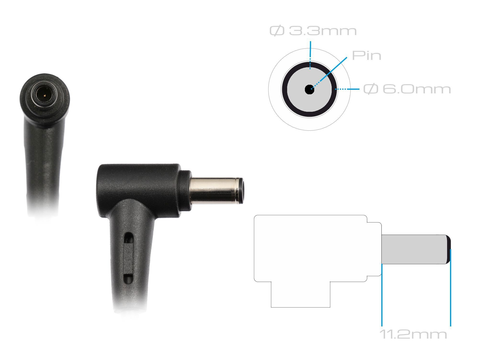 Ein Winkelstecker mit Maßen und eine schematische Darstellung.