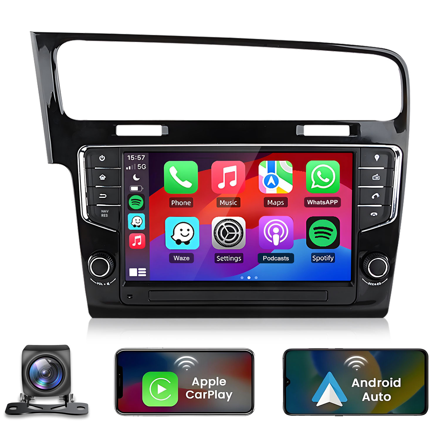 Ein Auto-Infotainmentsystem mit Smartphone-Integration und Kamera.